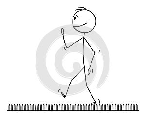 Vector Cartoon Illustration of Man or Businessman Walking on Nails or Fakir Bed. Concept of Challenge, Achievement and photo