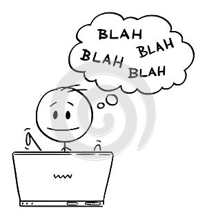 Vector Cartoon Illustration of Man or Businessman or Writer or Author or Blogger Typing Blah Blah on Computer