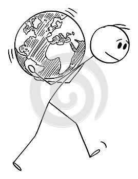 Vector Cartoon Illustration of Man Carrying Planet Earth Globe on His back. Concept of Responsibility, Environmental