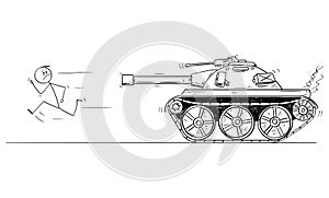 Vector Cartoon Illustration of Man or Civilian Running From the Army Tank