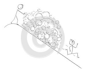 Vector Cartoon Illustration of Man Creating Avalanche of Rocks Falling On Running Competitor photo