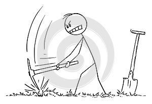 Vector Cartoon Illustration of Man Digging Hole With Pickax or Pick or Pickaxe photo