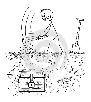 Vector Cartoon Illustration of Man Digging Out Treasure Chest With From Ground With Pickax or Pick or Pickaxe