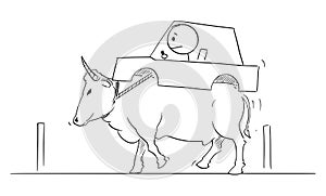 Vector Cartoon Illustration of Man Driving Car Carried by Bull or Ox, Ecology, Environment or Lack of Gas or Gasoline