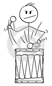 Vector Cartoon Illustration of Man, Drummer or Businessman Playing Rhythm or Music on Big Retro Drum