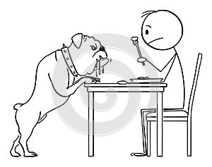 Vector Cartoon Illustration of Man Eating His Lunch and Salivating Bulldog Dog Scrounging For Food.