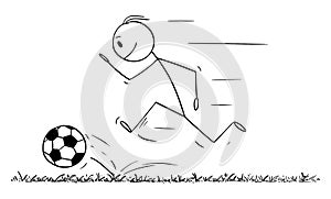 Vector Cartoon Illustration of Man or Football or Soccer Player Running With Ball to Score Goal. Concept of Game or