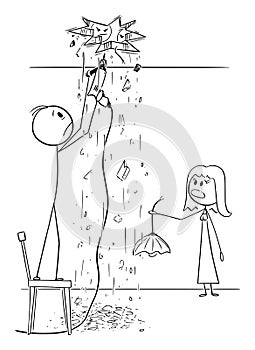 Vector Cartoon Illustration of Man Installing Lamp or Chandelier in Home and Damaging Ceiling or Roof