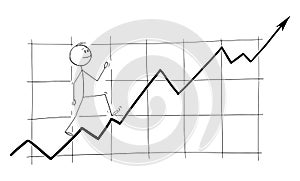 Vector Cartoon Illustration of Man, Investor or Businessman Happily Walking on Growing or Rising Financial Graph