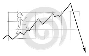 Vector Cartoon Illustration of Man, Investor or Businessman Happily Walking on Growing or Rising Financial Graph