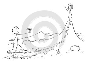 Vector Cartoon Illustration of Man in Love Walking With Flower to Meet His Girl or Woman. Romance, Date and Valentine.