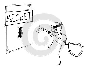 Vector Cartoon Illustration of Man in Mask, Thief, Hacker or Criminal Sneaking with Picklock to Keyhole to Open the Lock