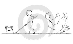 Vector Cartoon Illustration of Man Mopping or Cleaning the Floor, Another Man Slipped on the Wet Floor