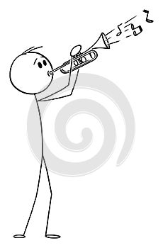 Vector Cartoon Illustration of Man or Musician Playing Music on Trumpet
