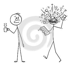 Vector Cartoon Illustration of Man, Office Worker or Businessman At Work, His Head Exploded From Stress or Overwork.