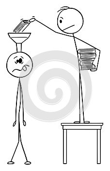 Vector Cartoon Illustration of Man Putting Books in to Head or Brain of Uneducated or Ignorant Person. Concept of