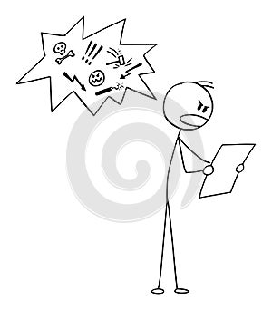 Vector Cartoon Illustration of Man Reading Document or Newspapers and Speaking Profane or Bad or Foul Language