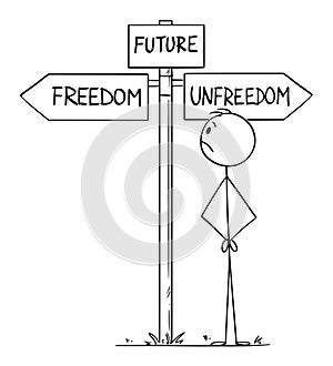 Vector Cartoon Illustration of Man Representing Human Civilization or Mankind Choosing the Future Between Freedom and