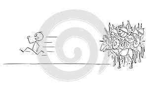 Vector Cartoon Illustration of Man Running Away in Panic or Fear From Army or Group of Ancient or Medieval Marauders