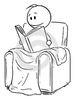 Vector Cartoon Illustration of Man Siting Under Blanket in Comfortable Armchair or Chair and Reading the Book