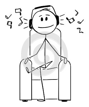 Vector Cartoon Illustration of Man Sitting in Chair With Headphone Hearing Music and Enjoying It