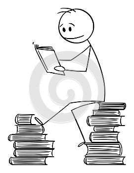 Vector Cartoon Illustration of Man Sitting on Pile of Books and Reading a Book