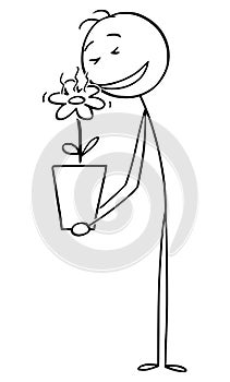Vector Cartoon Illustration of Man Smelling to Beautiful Flower in Plant Pot