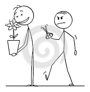Vector Cartoon Illustration of Man Smelling to Beautiful Flower in Plant Pot, Envious Colleague is Going with Scissors