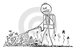 Vector Cartoon Illustration of Man Spraying the Herbicide or Weedkiller on Flowers and Plants photo