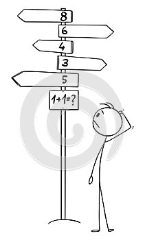 Vector Cartoon Illustration of Man Standing on Crossroad Solving 1 plus 1 or One Plus One Calculation Without Good