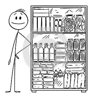 Vector Cartoon Illustration of Man With Stockpile of Food for Crisis or Epidemic.