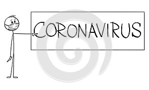 Vector Cartoon Illustration of Man or Teacher Wearing Face Mask Pointing at Coronavirus Sign or Blackboard. Epidemic or