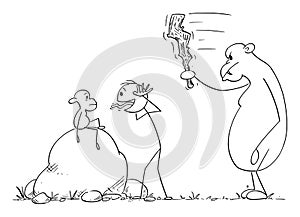 Vector Cartoon Illustration of Man or Tourist Badgering Small Ape or Monkey while Big Father or Mother is Going to Hit