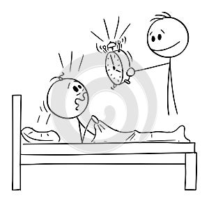 Vector Cartoon Illustration of Man Wake Up Too Early By Another Man With Alarm Clock photo