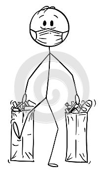 Vector Cartoon Illustration of Man Wearing Face Mask Carrying Shopping Bags With of Food From Supermarket or Grocery