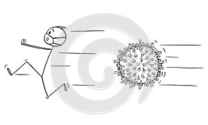Vector Cartoon Illustration of Man Wearing Protective Face Mask Running Away in Panic Chased by Coronavirus Covid-19.