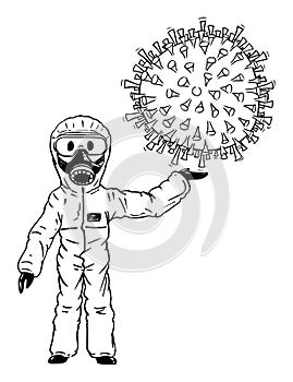 Vector Cartoon Illustration of Man Wearing Protective Suit and Face Mask Holding Big Coronavirus Covid-19 in Hand.