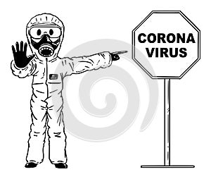 Vector Cartoon Illustration of Man Wearing Protective Suit and Face Mask Pointing at Coronavirus Covid-19 Stop Sign.