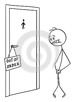 Vector Cartoon Illustration of Man Who Needs to Urinate But the Toilet is Out of Order