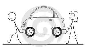 Vector Cartoon Illustration of Man and Woman Carrying Broken Car or Car Out of Fuel or Electric Power