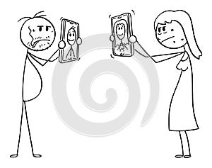 Vector Cartoon Illustration of Man and Woman Showing Mobile Phones with their Idealized Unrealistic Retouched Photos