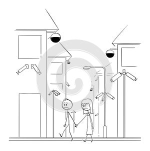 Vector Cartoon Illustration of Man and Woman Walking on the Street with Security Surveillance Cameras Everywhere. Living