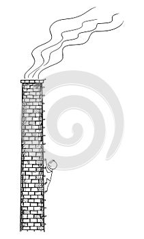 Vector Cartoon Illustration of Man, Worker or Ecologist Climbing old Factory Smokestack or Chimney.