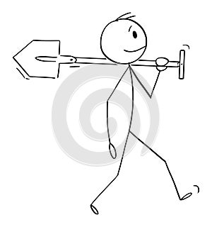 Vector Cartoon Illustration of Man, Worker or Gardener Walking With Shovel or Spade, Going to Dig the Hole or Work on