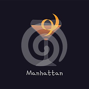 Vector cartoon illustration of Manhattan alcohol cocktail isolated on black background. Manhattan with orange skin in