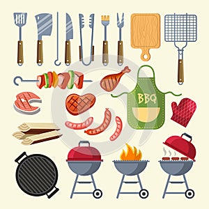 Vector cartoon illustration of meat, sauce, grill and other elements for bbq party