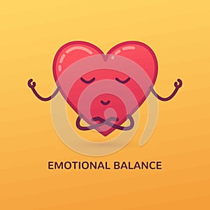 Vector cartoon illustration of meditating heart. Emotional balance card.