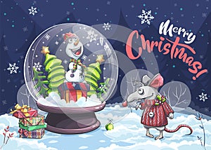 Vector cartoon illustration Merry Christmas postcard of funny mouse