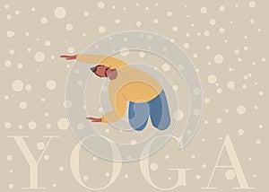 Vector cartoon illustration in modern concept of yoga exercises. Girl practices meditation on nature. Young and happy character