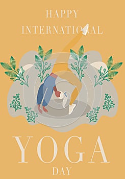 Vector cartoon illustration in modern concept of yoga exercises. Girl practices meditation on nature. Young and happy character me